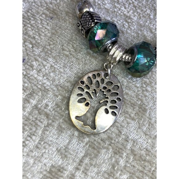 Green Beaded Tree of Life and Owl Bali-Style Charm Bracelet in Silvertone - Picture 2 of 4